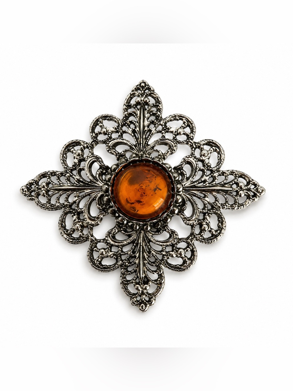 Vintage Amber Glass Brooch Large Filigree Silver Tone Statement Pin